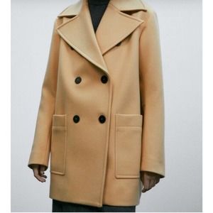 NWT Massimo Dutto Womens Short Voluminous Double Breasted Coat XS Wool Blend Tan